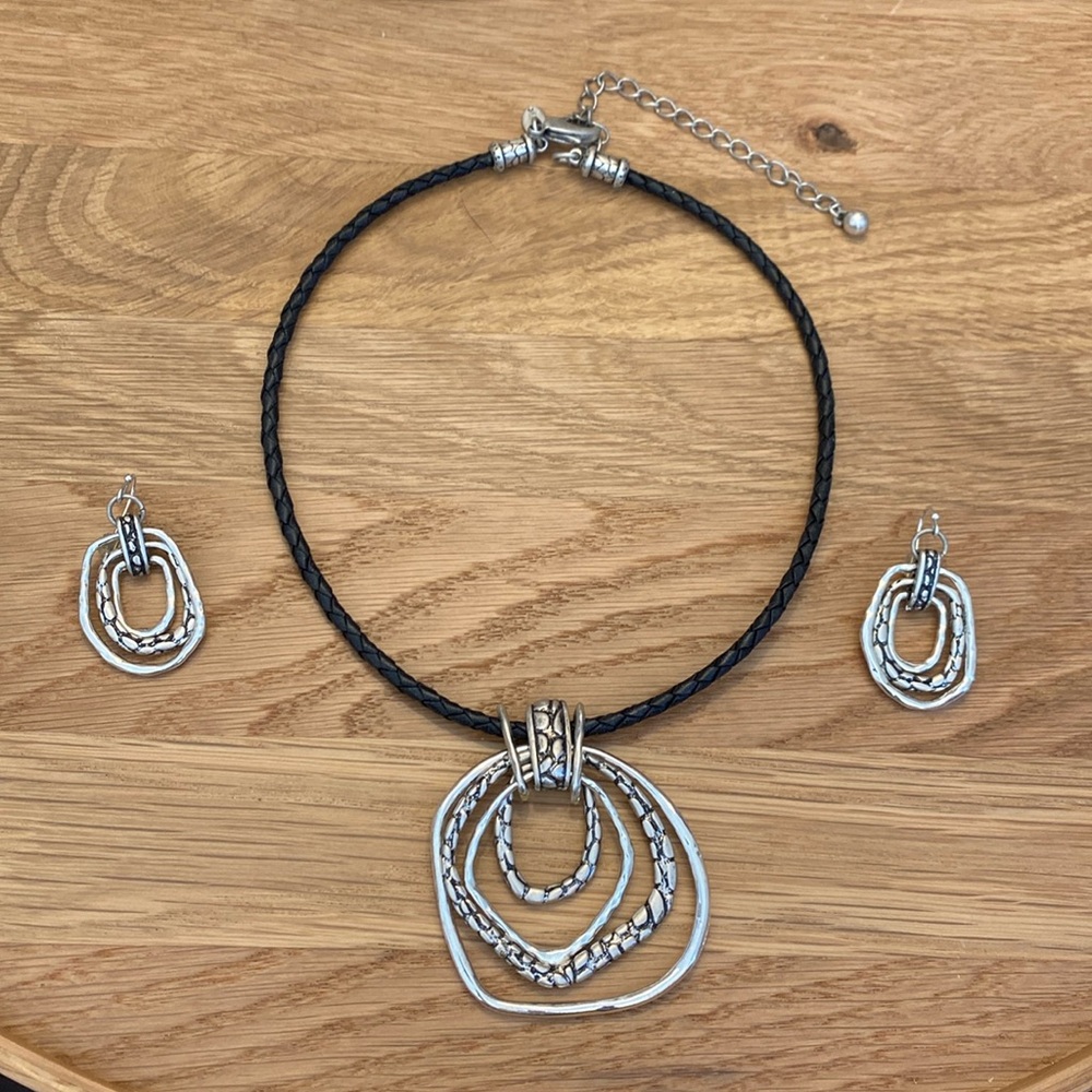CHICOS necklace and earrings. Silver-toned. Leather braided cord.